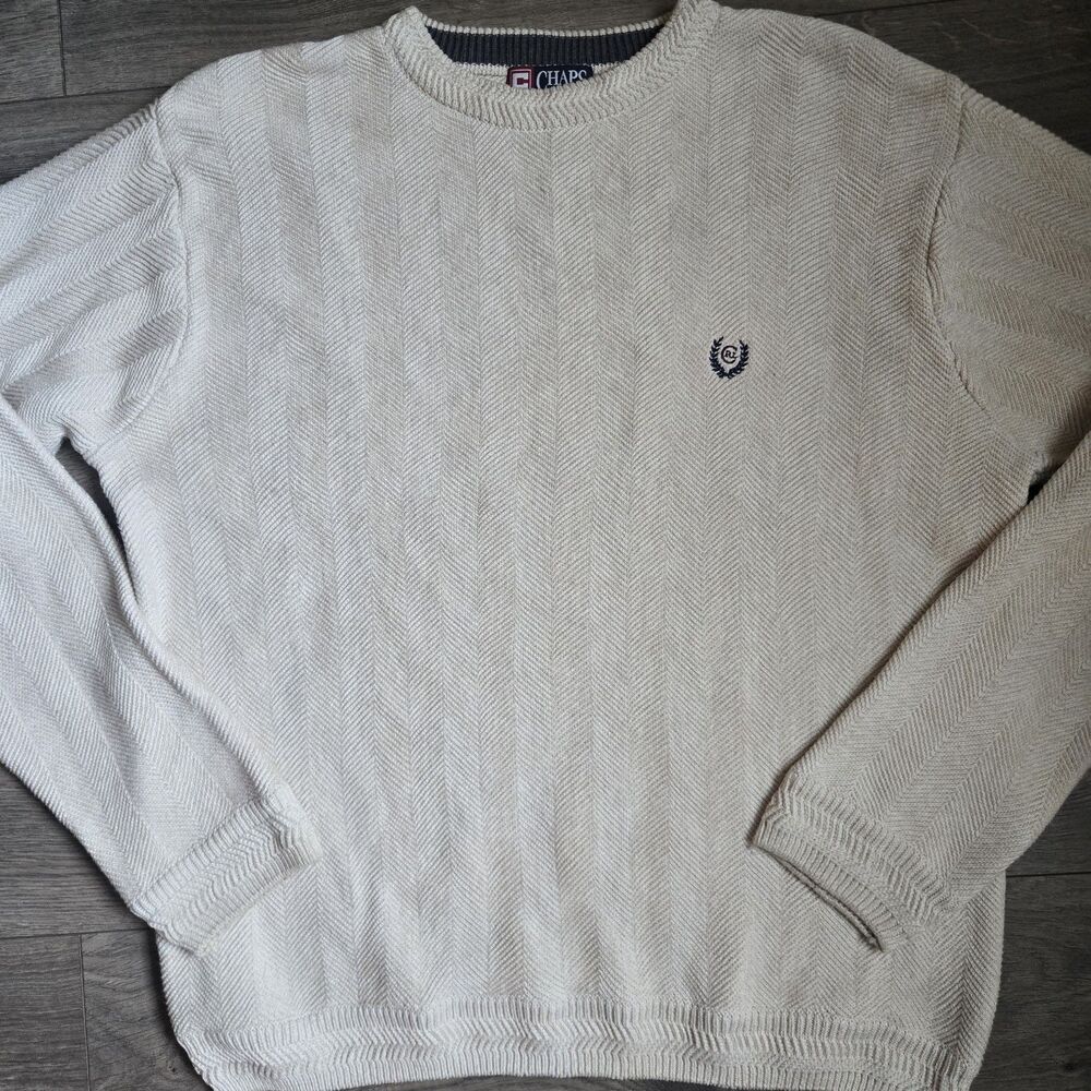 Vintage Chaps Ralph Lauren Mens Sweater Large Beige Knit Heavy Cotton Crest L